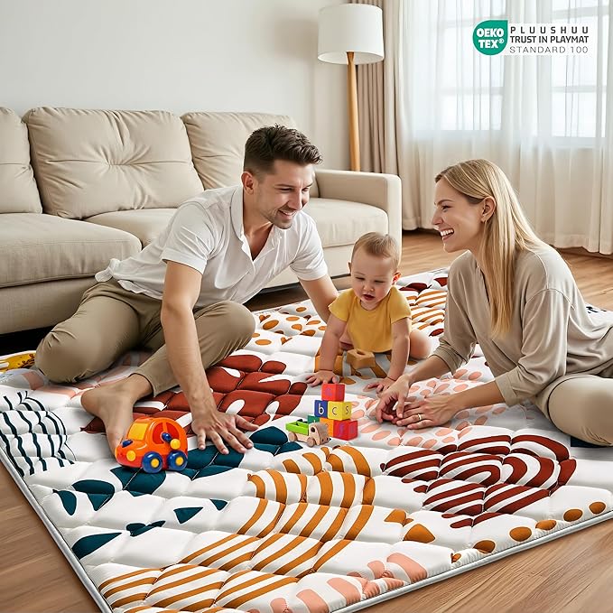 Baby Play Mats for Floor, 71x59 Playpen Mat for Babies, Extra Thicker & Soft Floor Crawling Mat, Foldable Non-Slip Playmat Cushioned for Infants Toddlers, Boho Leaf Design-CubbioJoy