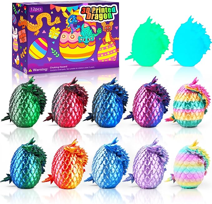 12PCS 3D Printed Dragon Eggs with Dragon Inside, Cool Stuff Fun Gifts, Mini Dragon Egg Set Articulated Crystal Dragon Fidget Toy for Adults Teens Boy Gifts Easter Basket Stuffers-CubbioJoy