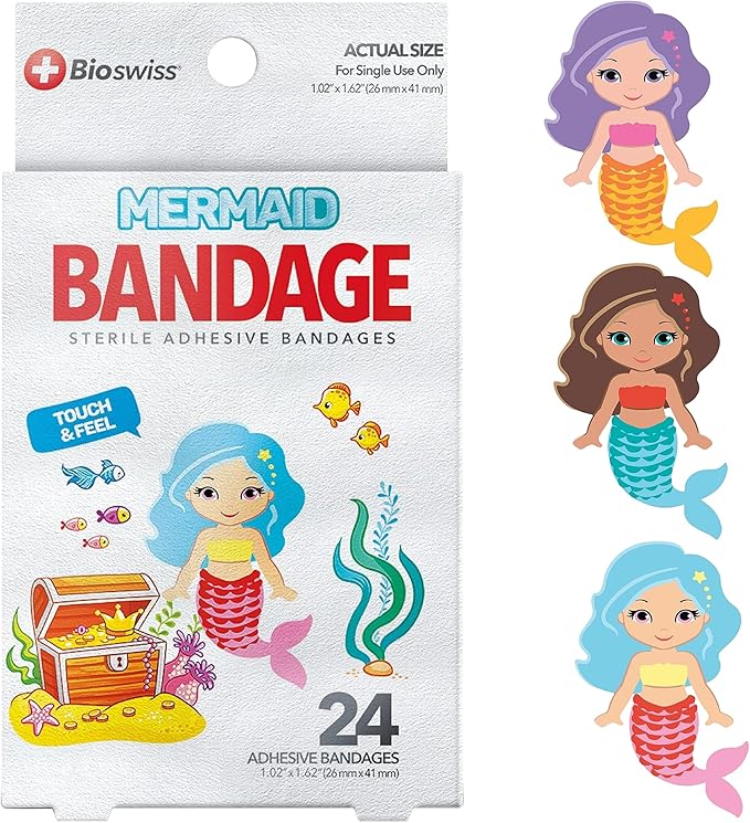 BioSwiss Bandages, Mermaid Shaped Self Adhesive Bandage, Latex Free Sterile Wound Care, Fun First Aid Kit Supplies for Kids, 24 Count-CubbioJoy