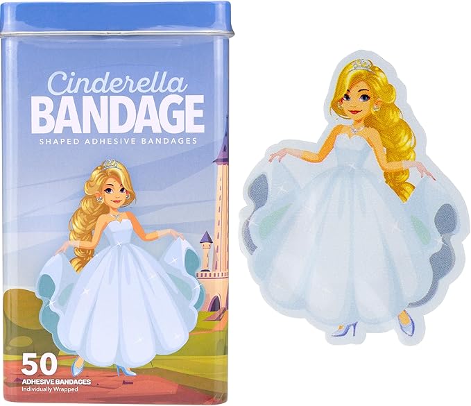 BioSwiss Bandages, Princess Cinderella Shaped Self Adhesive Bandage, Latex Free Sterile Wound Care, Fun First Aid Kit Supplies for Kids and Adults, 50 Count-CubbioJoy