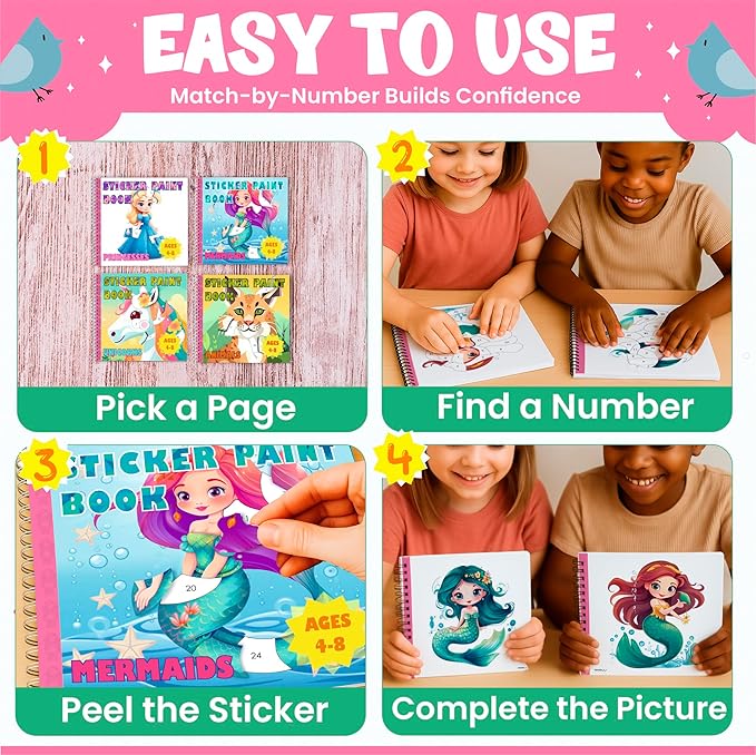 BulbaCraft 4Pcs Sticker Paint Books for Girls - Sticker Books by Number with Mermaids, Princesses, Animals and Unicorns - Coloring Activity for Kids-CubbioJoy