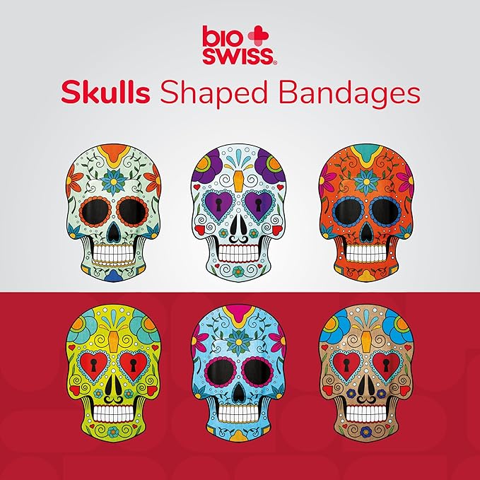 BioSwiss Bandages, Sugar Skull Shaped Self Adhesive Bandage, Latex Free Sterile Wound Care, Fun First Aid Kit Supplies for Kids, 24 Count-CubbioJoy
