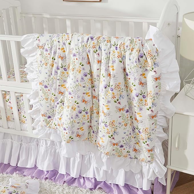 Brandream Wildflower Butterfly Crib Bedding Sets for Girls Nursery Set 3-Piece Farmhouse Quilt Comforter Set, Baby or Toddler Fitted Sheet, Double Crib Skirt, Cotton-CubbioJoy