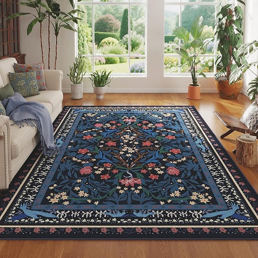 Area Rugs 8x10 for Living Room Clearance Washable Vintage Floral Botanical Rug Non Slip Low Pile Large Rug for Bedroom, Farmhouse, Dining Room, Kids Playroom, Blue-CubbioJoy
