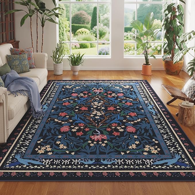5x7 Washable Rug Vintage Floral Botanical Area Rug Non Slip Low Pile Large Rugs for Living Room, Bedroom, Farmhouse, Dining Room, Kids Playroom, Blue-CubbioJoy