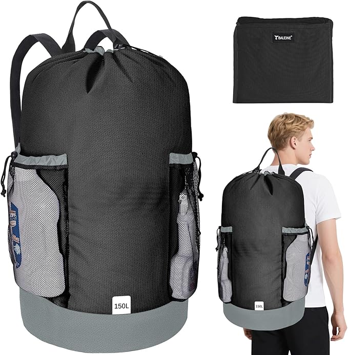 BALEINE 150L Laundry Bag Backpack, 900D Oxford Fabric Large Travel Laundry Bags with Shoulder Straps and 2 Mesh Pockets for College Dorm, Apartment, Laundromat (Black, 150L)-CubbioJoy