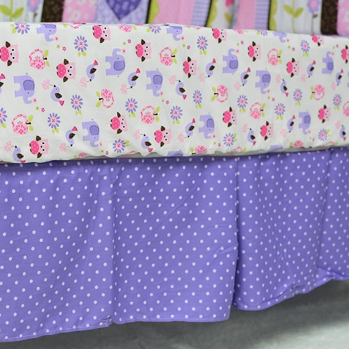 Brandream Crib Bedding Set 3 Pieces Purple Baby Girls Cotton Patchwork Flowers Elephant Owl Nursery with Ruffle Design, Princess Lovely Cute Breathable Healthy-CubbioJoy