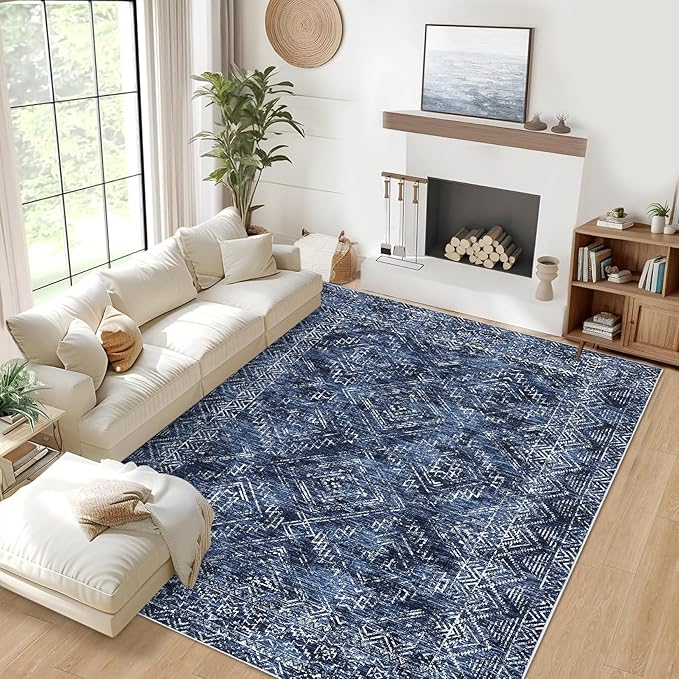 COZYLOOM 6x9 Washable Area Rug Vintage Non Slip Low Pile Rug Soft Throw Floor Cover Geometric Tribal Foldable Indoor Carpet for Living Room Bedroom Playroom Nursery, Blue-CubbioJoy
