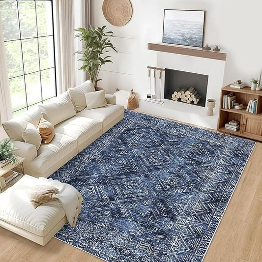 COZYLOOM Bedroom Rug 8x10 Under Bed Machine Washable Area Rugs Modern Abstract Floor Cover with Non Slip Backing Stain-Resistant Geometric Carpet for Nursery, Living Room, Blue-CubbioJoy
