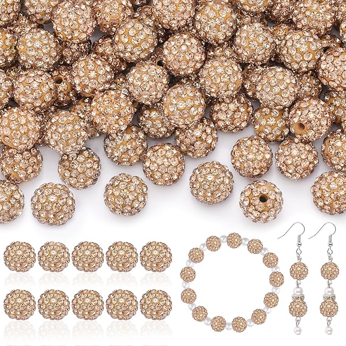 160pcs 10mm Rhinestone Beads for Jewelry Making, Light Brown Shiny Round Disco Ball Beads Bulk, Sparkle Crystal Clay Christmas for Bracelet Baseball Necklace Earring Crafting and DIY-CubbioJoy