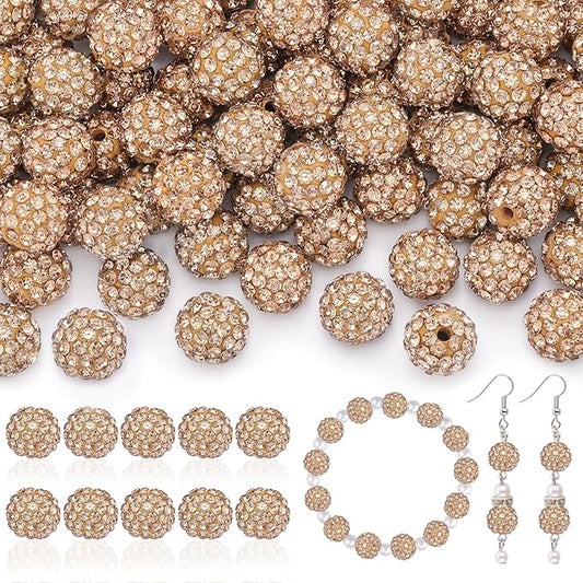 160pcs 10mm Rhinestone Beads for Jewelry Making, Light Brown Shiny Round Disco Ball Beads Bulk, Sparkle Crystal Clay Christmas for Bracelet Baseball Necklace Earring Crafting and DIY-CubbioJoy