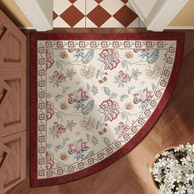 jinchan Floral Corner Rug for Entryway Washable Kitchen Rug Vintage Romance Design Non Slip Quarter Circle Lightweight Low-Pile Throw Carpet for Playroom Reading Nook Nursery, 4ft Radius, Red/Beige-CubbioJoy