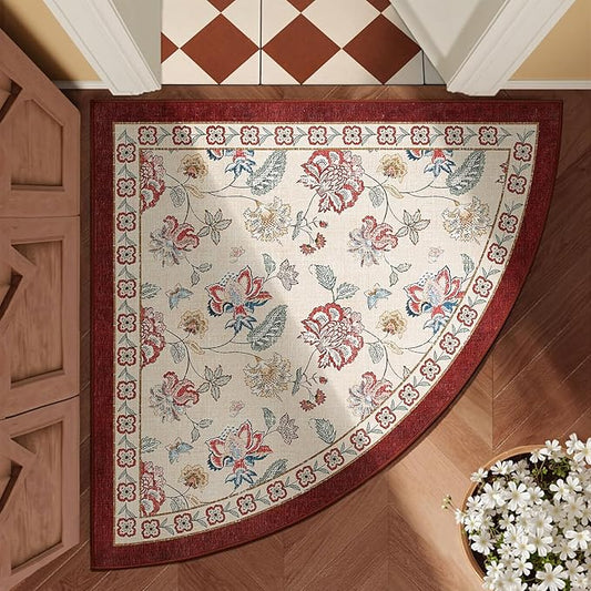 jinchan Floral Corner Rug for Entryway Washable Kitchen Rug Vintage Romance Design Non Slip Quarter Circle Lightweight Low-Pile Throw Carpet for Playroom Reading Nook Nursery, 4ft Radius, Red/Beige-CubbioJoy