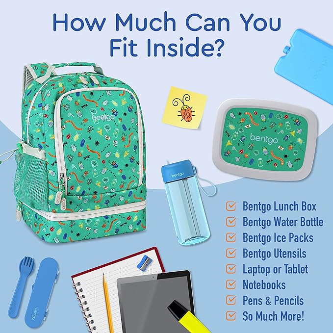 Bentgo Kids 2-in-1 Backpack & Insulated Lunch Bag - Durable 16” Backpack & Lunch Container in Unique Prints for School & Travel - Water Resistant, Padded & Large Compartments (Bug Buddies)-CubbioJoy