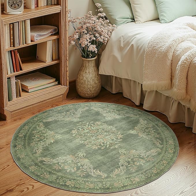 jinchan Round Rug 4ft Area Rugs Vintage Floral Distressed Design,Machine Washable Soft Non-Slip Low-Pile Ultra-Thin Circle Rug for Entryway Bedside Living Room Kitchen Nursery (4' Round,Dark Green)-CubbioJoy