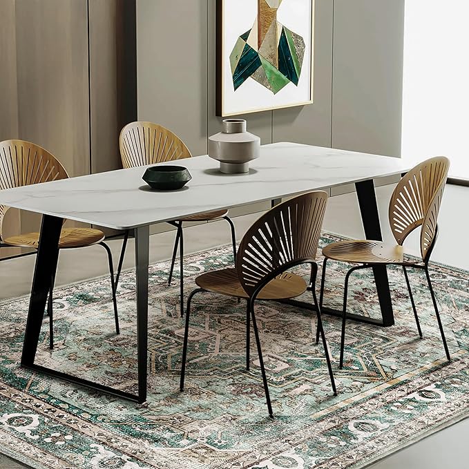 Area Rug 8'x10' Green Washable Vintage Traditional Mat Distressed Indoor Foldable Thin Retro Accent Floral Print Non Slip Carpet for Living Room Dining Room Office-CubbioJoy