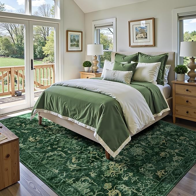 Deerly Dark Green Area Rugs 9x12 for Living Room Soft Non-Slip, Large Bedroom Rug Vintage Dining Room Rug Tribal Farmhouse Carpet for Dining Room Office Green-CubbioJoy