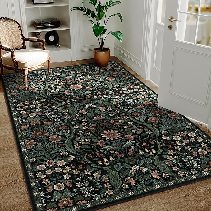 3x5 Black Boho Floral Vintage Area Rug,Soft Lightweight Low Pile Non-Shedding Carpet,Machine Washable Stain Resistant & Non-Slip for Entryway,Bedroom, Kids Room,Living Room-CubbioJoy
