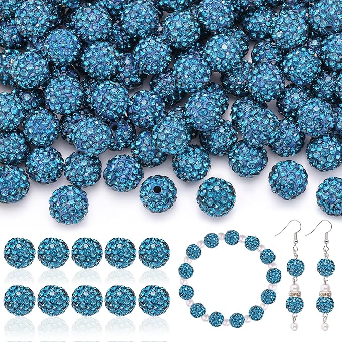 200pcs 10mm Rhinestone Beads for Jewelry Making, Blue Zircon Shiny Round Disco Ball Beads Bulk, Sparkle Crystal Clay Christmas for Bracelet Baseball Necklace Earring Crafting and DIY-CubbioJoy