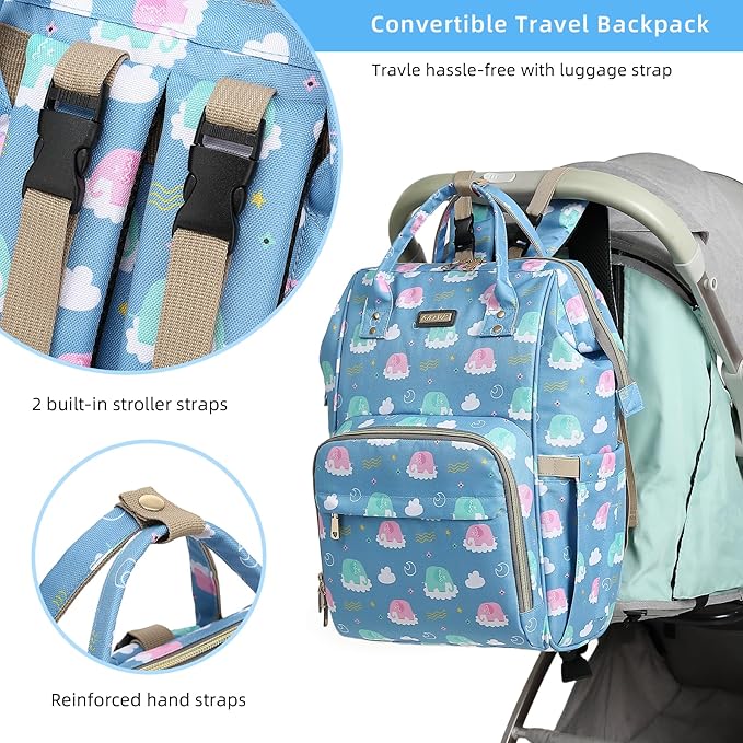 Diaper Bag Backpack, Diaper Bags for Baby Girls Boys, Baby Bags for Moms Dads, Nappy Changing Bag with Insulated Pockets,Multi-functional Waterproof Backpack with Stroller straps-Deep blue elephant-CubbioJoy