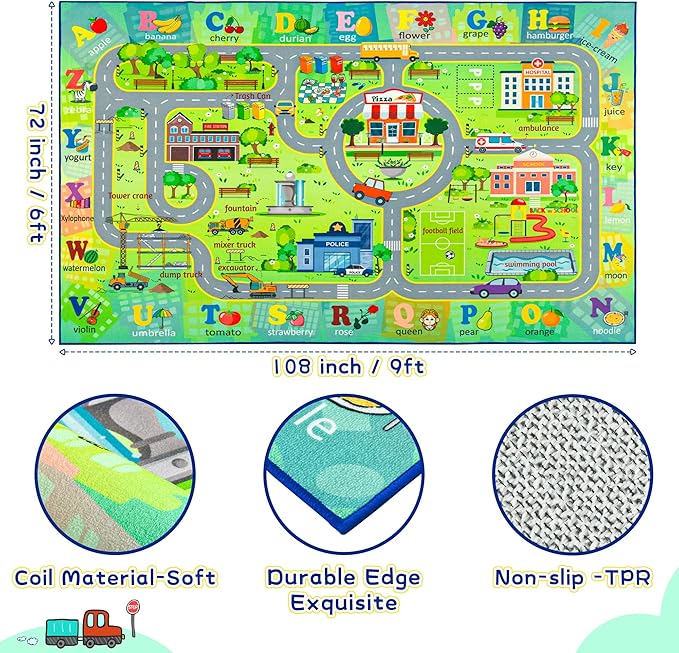 Chicrug 6x9 Car Road Area Rug for Kids Playroom Bedroom, Non Slip Low Pile Washable ABC Alphabet Carpet for Classroom, City Track Play Mat for Toddler Children Nursery Baby Room Decor, Green-CubbioJoy