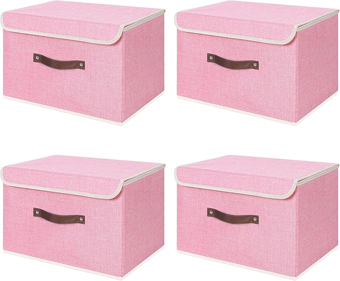 ANMINY 4PCS Storage Bins with Lid PU Leather Handles Storage Boxes PP Plastic Board Decorative Foldable Lidded Cotton Linen Fabric Home Cubes Baskets Closet Organizer Containers - Pink, Large Size-CubbioJoy