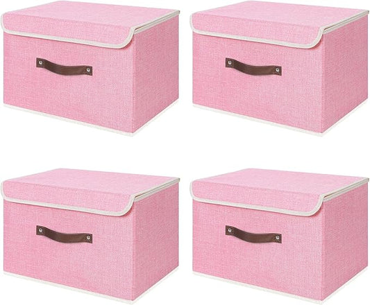 ANMINY 4PCS Storage Bins with Lid PU Leather Handles Storage Boxes PP Plastic Board Decorative Foldable Lidded Cotton Linen Fabric Home Cubes Baskets Closet Organizer Containers - Pink, Large Size-CubbioJoy