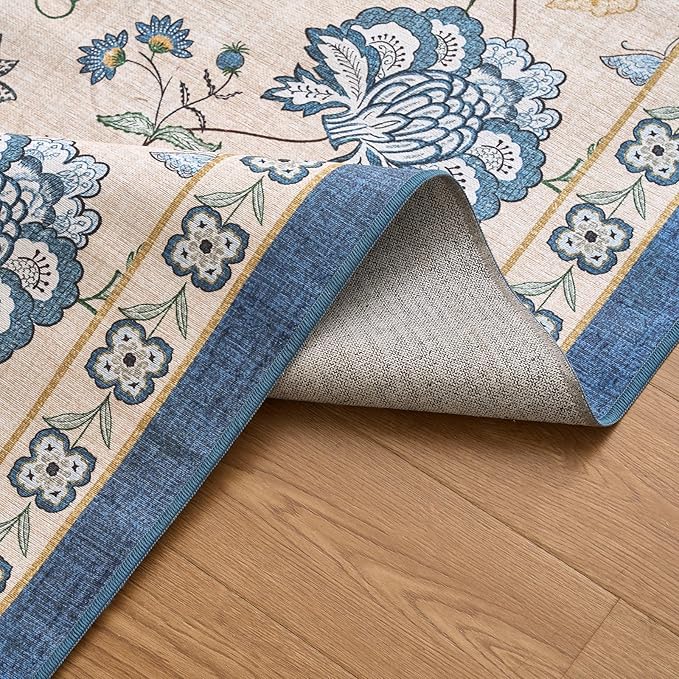 jinchan 4ft Floral Round Rug for Entryway Washable Kitchen Rug Vintage Romance Design Non Slip Indoor Doormat Lightweight Low-Profile Throw Carpet for Living Room Dining Room Bedroom, Blue/Beige-CubbioJoy