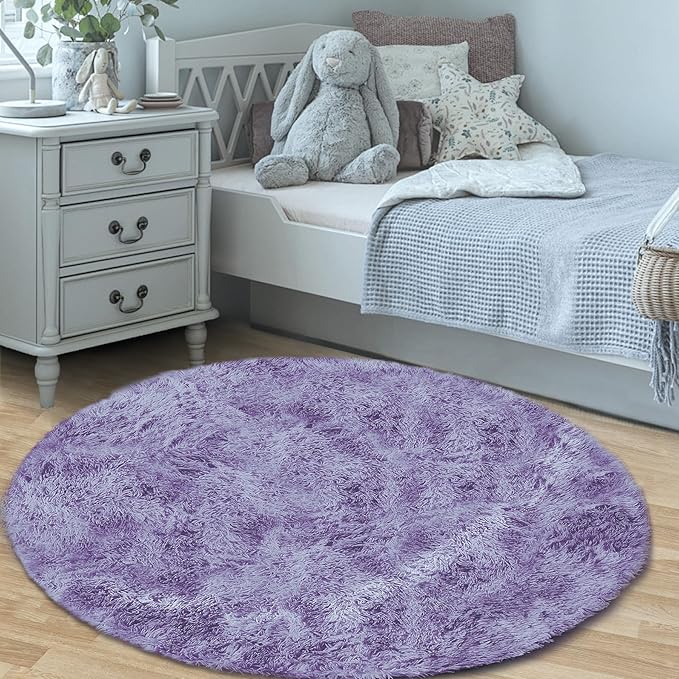 4FT Round Rug for Bedroom: Fluffy Shag Soft Washable Rugs Circle Small Fuzzy Plush Indoor Carpet for Living Room Nursery Playroom Dorm Kids Girls Boys Room (Purple, 4'x4')-CubbioJoy