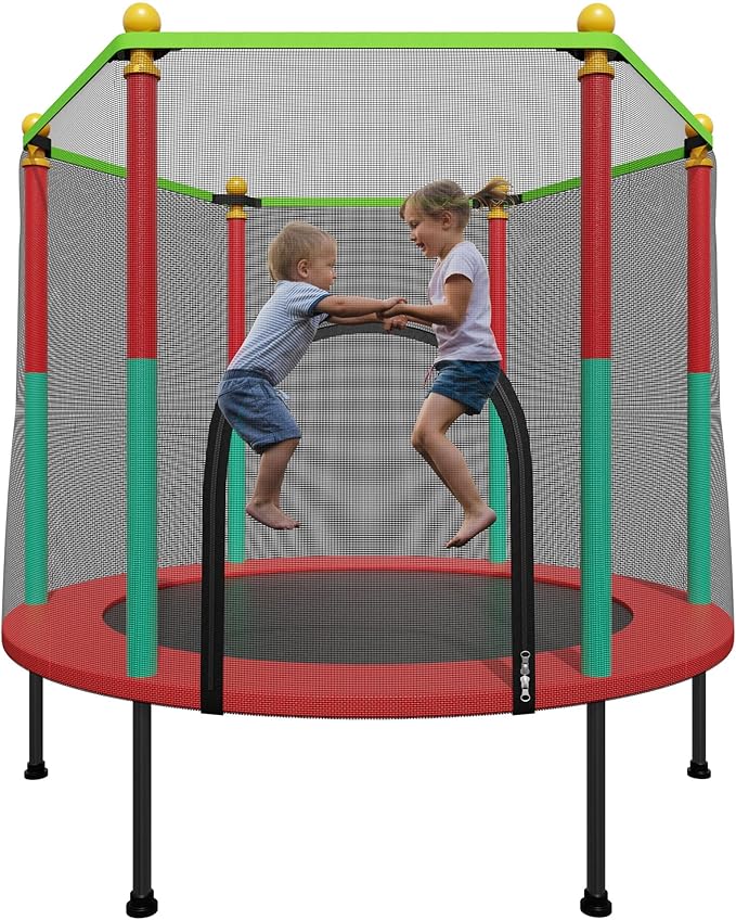 55IN Trampoline for Kids - Indoor/Outdoor Play with Enclosure Net - Easy to Assemble Recreational Trampoline - Red-CubbioJoy