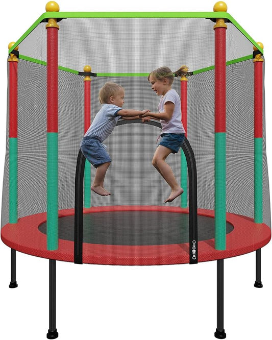 55IN Trampoline for Kids - Indoor/Outdoor Play with Enclosure Net - Easy to Assemble Recreational Trampoline - Red-CubbioJoy