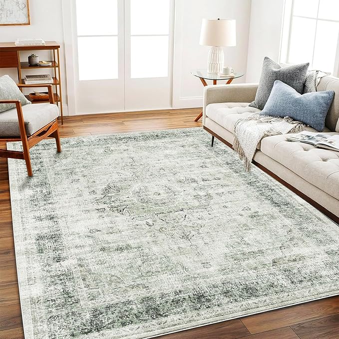 Area Rug 5'x7' Washable Rug Floral Green Vintage Traditional Floor Cover Thin Retro Kitchen Indoor Distressed Non Slip Carpet for Living Room Bedroom Dining Room-CubbioJoy