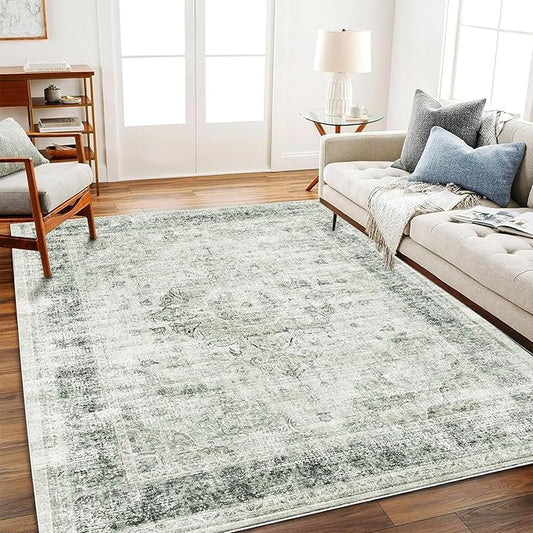 Area Rug 5'x7' Washable Rug Floral Green Vintage Traditional Floor Cover Thin Retro Kitchen Indoor Distressed Non Slip Carpet for Living Room Bedroom Dining Room-CubbioJoy