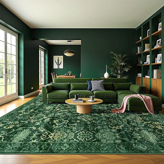 Deerly Dark Green Area Rugs 10x12 for Living Room Soft Non-Slip, Large Bedroom Rug Vintage Dining Room Rug Tribal Farmhouse Carpet for Dining Room Office Green-CubbioJoy