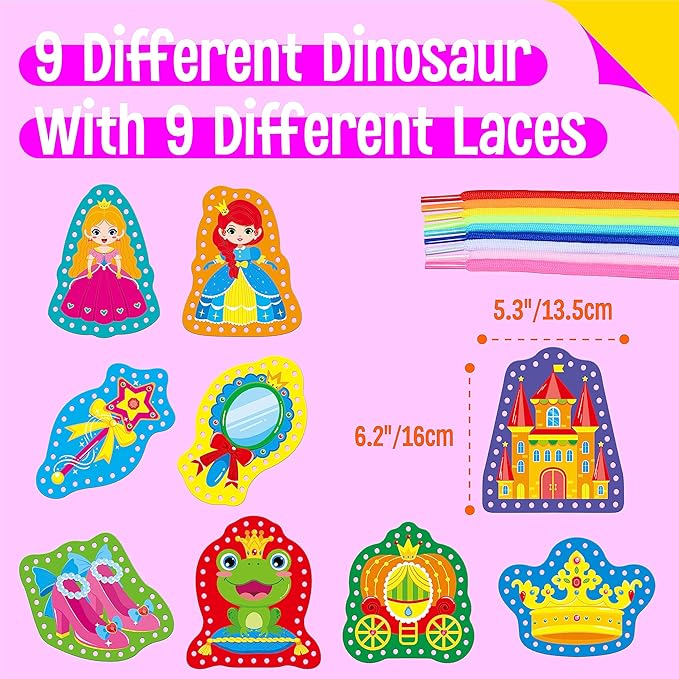 9 Pieces Kids Lacing Cards, Double Sided Sewing Cards in 9 Princess Theme Cards with 9 Colorful Laces, Imagination Development Lacing Toys Games for Children Educational and Learning Activity-CubbioJoy