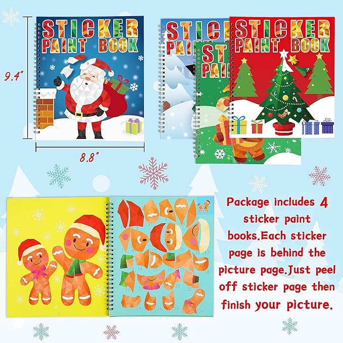 90shine 4PCS Christmas Crafts for Kids Ages 4-8 Sticker Paint Books - Includes Santa Clause Snowman Elf Gnome and More Designs Gift Party Create 40 Pictures-CubbioJoy