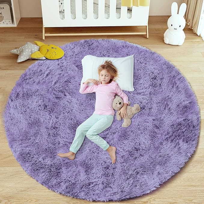 4FT Round Rug for Bedroom: Fluffy Shag Soft Washable Rugs Circle Small Fuzzy Plush Indoor Carpet for Living Room Nursery Playroom Dorm Kids Girls Boys Room (Purple, 4'x4')-CubbioJoy