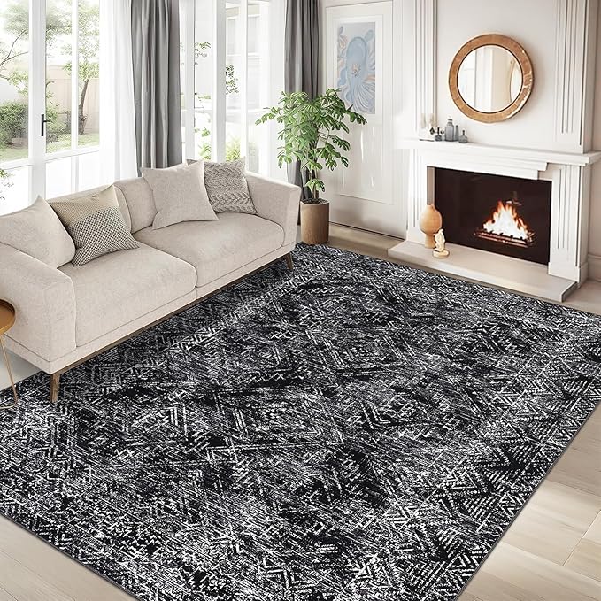 COZYLOOM Black Rug for Living Room 8x10 Washable Area Rugs Modern Abstract Floor Cover Non Slip Stain Resistant Geometric Mats Soft Throw Carpet for Nursery Bedroom Dining Room-CubbioJoy