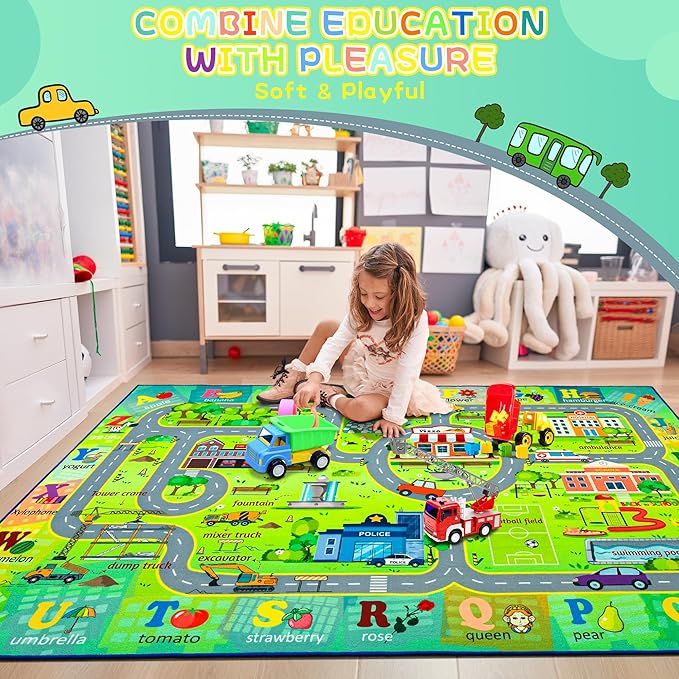 Chicrug 6x9 Car Road Area Rug for Kids Playroom Bedroom, Non Slip Low Pile Washable ABC Alphabet Carpet for Classroom, City Track Play Mat for Toddler Children Nursery Baby Room Decor, Green-CubbioJoy