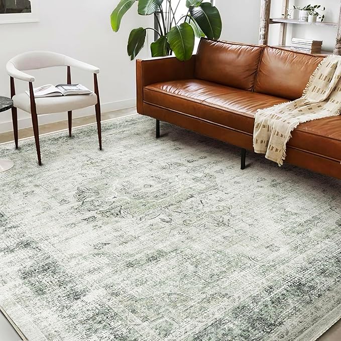 Area Rug 6'x9' Washable Floral Green Vintage Traditional Floor Cover Thin Retro Kitchen Indoor Distressed Non Slip Carpet for Living Room Bedroom Dining Room-CubbioJoy