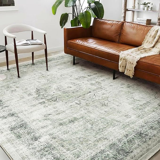 Area Rug 6'x9' Washable Floral Green Vintage Traditional Floor Cover Thin Retro Kitchen Indoor Distressed Non Slip Carpet for Living Room Bedroom Dining Room-CubbioJoy