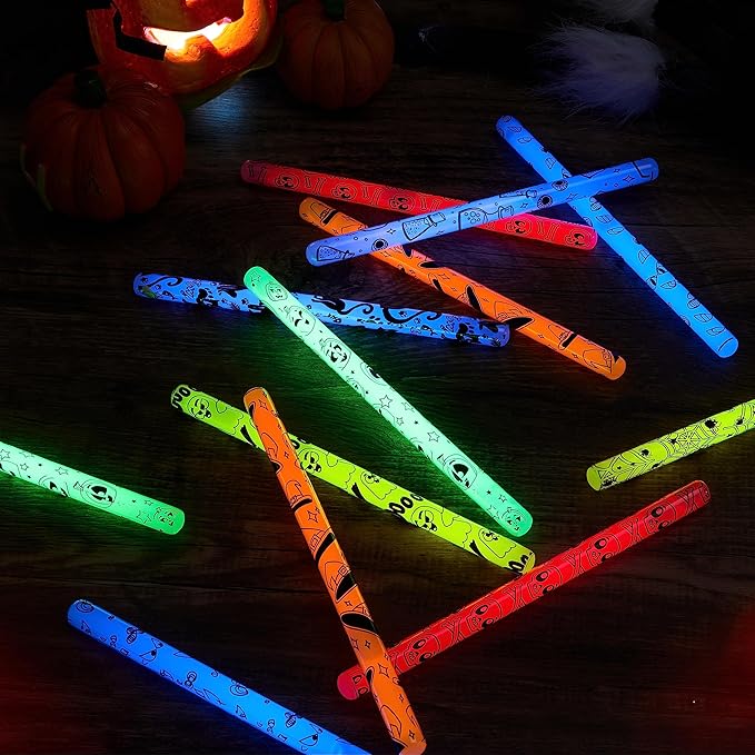 JOYIN 24 Pcs Halloween Glow Stick Hanging Wands in 8 Different Pattern Designs and 6 Colors for Kids Party Favors, Halloween Party Supplies, Glow in the Dark, Goodies Bags Fillers, Non Candy Treats-CubbioJoy
