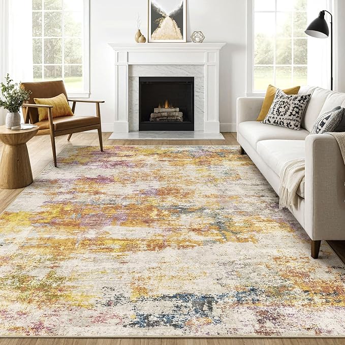 9x12 Area Rugs Living Room: Machine Washable Large Abstract Modern Soft Rug Stain Resistant Indoor Floor Non Slip Accent Carpet for Bedroom Nursery Playroom Office Dining Room Dorm- Gold Colorful-CubbioJoy