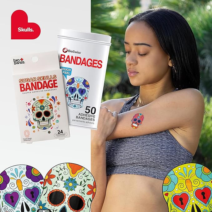 BioSwiss Bandages, Sugar Skull Shaped Self Adhesive Bandage, Latex Free Sterile Wound Care, Fun First Aid Kit Supplies for Kids, 24 Count-CubbioJoy