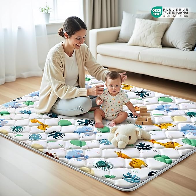 Baby Play Mats for Floor, 71x59 Playpen Mat for Babies, Extra Thicker & Soft Floor Crawling Mat, Foldable Non-Slip Playmat Cushioned for Infants Toddlers, Cute Animal Design-CubbioJoy