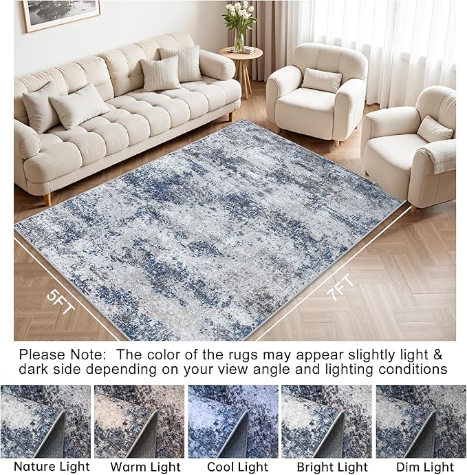 Area Rug Living Room Rugs: 5x7 Abstract Washable Rugs Ultra Soft Carpets with Non-Slip Backing Stain Resistant Carpet for Dining Room Table Bedroom Nursery Indoor Home Office Blue/Gray/Black-CubbioJoy