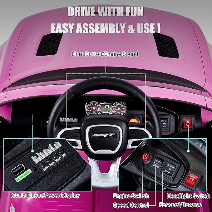 12V 7Ah Kids Electric Ride on Car, Licensed Dodge Charger SRT Hellcat, Battery Powered 4-Wheels Toy Car Electric Vehicle for Kids with Remote Control, 3 Speeds, LED Lights, Music (Pink)-CubbioJoy