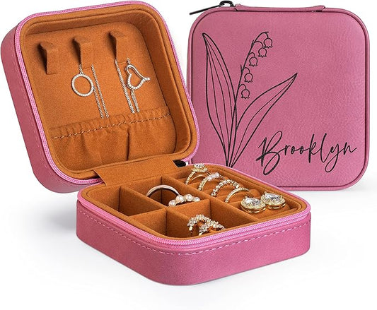 Custom Leather Jewelry Box w/Name & Birth Flower Month - Birthday Gifts for Women, Personalized Jewelry Travel Case - Customized Jewelry Organizer Box, Mom Birthday Gifts - Pink-CubbioJoy