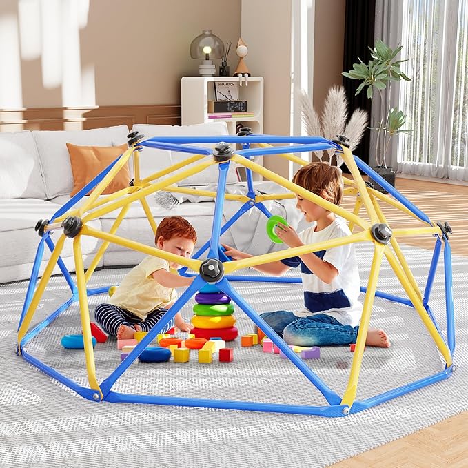 Climbing Dome, 6FT Geometric Dome Climber for Kids, Kids Indoor Outdoor Jungle Gym Supports 600lbs, Easy Assembly Playground Jungle Gym Backyard Play Equipment, Yellow+Blue-CubbioJoy
