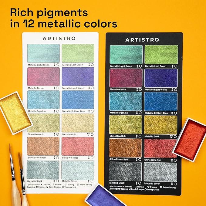 ARTISTRO Professional Metallic Watercolor Paint Set for Adults - 12 Pigment-Rich Metallic Colors, XL Pans, ASTM-I Lightfastness, High Tinting Strength Watercolor Set for Professionals made by professionals-CubbioJoy